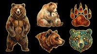 Watercolor brown bear clipart set with five elements isolated on transparent background, ready for stickers, t-shirt design, print on demand, and sublimation.