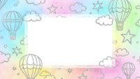 Watercolor hot air balloon frame with clouds and stars on pastel rainbow background. Whimsical border design for baby shower invitations and nursery decor.