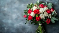Elegant bouquet of red and white roses with eucalyptus leaves and baby's breath tied with twine on dark textured background. For wedding and romantic occasions.