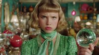 Young blonde woman with bob haircut wearing green sequined dress holding disco ball in festive party setting with colorful lights and decorations.
