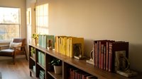 Cozy home library with organized books on wooden shelves in warm sunlit living room interior for reading and relaxation.