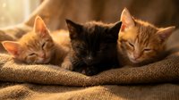 Three adorable newborn kittens sleeping peacefully on burlap fabric in warm golden sunlight, showcasing orange tabby and black fur patterns in cozy home setting.