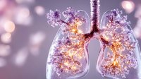 Glowing anatomical lungs with branching bronchi illuminated in pink and purple tones against blurred bokeh background, medical science visualization.