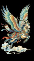 Ornate winged goat mythical creature with colorful Asian-style decorations, isolated on transparent background, ready for t-shirt design, stickers, and print on demand.