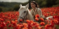 Young woman with flowing hair sits peacefully beside white horse in vibrant red poppy field during golden hour creating serene countryside moment.