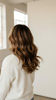 Woman with wavy brown hair highlights wearing white sweater back view in bright modern interior for hair care beauty salon advertising.