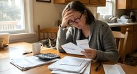 Stressed middle-aged woman reviewing financial documents at kitchen table with calculator and paperwork for budget planning.