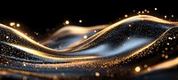 Luxurious golden waves flow with sparkling particles against dark background, creating elegant abstract design with glowing light trails and bokeh effect.