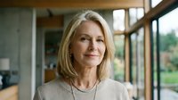 Mature blonde woman with shoulder-length hair wearing a beige sweater, smiling confidently indoors near large windows with natural light, suitable for lifestyle and corporate use.