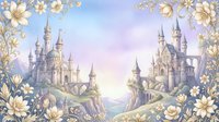 Fantasy landscape with medieval castles and golden floral frame on pastel sky background for fairy tale designs and romantic storytelling projects.