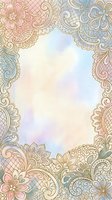 Ornate mandala border frame with intricate floral patterns in gold, pink, and blue tones surrounding a soft watercolor center space, ideal for invitations and greeting cards.