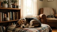 Cozy beagle dog sleeping peacefully on plaid blanket in warm sunlit living room with bookshelf and comfortable armchair creating homey atmosphere.