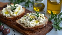 Artisan toast topped with creamy ricotta cheese, fresh herbs, olive oil drizzle and black pepper on rustic wooden board for gourmet breakfast or brunch.