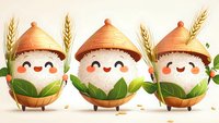 Cute kawaii rice bowl characters with conical hats and happy faces, decorated with wheat ears and green leaves, cartoon food illustration for children design.