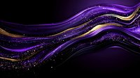 Luxurious purple and gold waves flow across black background with sparkling glitter effect, creating elegant abstract design for luxury branding and festive decorations.