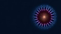 Glowing blue and purple circular mandala with radiating light beams and central starburst on dark background, creating mystical energy pattern.