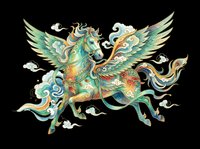 Ornate winged horse with flowing mane and tail in green, gold, and teal tones, isolated on transparent background. Ready for t-shirts, stickers, clipart, and print-on-demand designs.