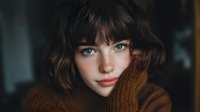 Young woman with blue eyes and brown hair wearing rust-colored sweater resting chin on hand in moody indoor lighting, creating intimate portrait atmosphere.