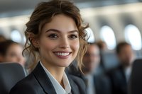 Young Caucasian businesswoman with bright smile wearing formal suit in corporate office environment with blurred colleagues in background, natural lighting and soft focus.