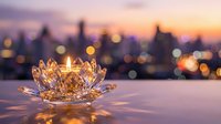 Crystal lotus candle holder with glowing flame against blurred city skyline at sunset, creating peaceful ambiance for meditation and relaxation decor.
