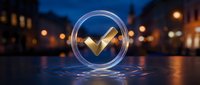 Glowing checkmark symbol in transparent circle floating above wet pavement at night with blurred city lights creating bokeh effect in urban setting.