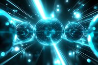 Glowing neon blue circular portals with futuristic light rays and particles creating dynamic sci-fi tunnel effect against dark background. Digital art for technology concepts.
