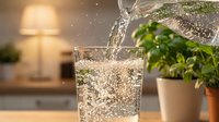Pouring sparkling water into a glass with fresh mint leaves and potted plants on a wooden desk with warm indoor lighting.