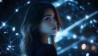Young Asian woman with long dark hair in profile against futuristic blue background with glowing lights and geometric elements creating mysterious atmosphere.