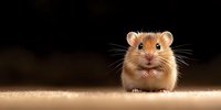 Adorable golden hamster with fluffy cheeks sitting on illuminated surface against dark background, front view portrait showing curious expression and whiskers.