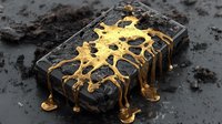 Molten gold liquid drips and splashes over dark stone block creating abstract artistic pattern on black textured background, luxury design concept.