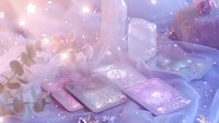 Mystical tarot cards with crystals and eucalyptus leaves in dreamy pink and purple lighting with bokeh effects, creating spiritual divination atmosphere.