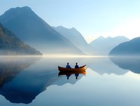 Serene mountain lake at dawn with two people paddling red canoe, surrounded by misty peaks and perfect mirror reflection in calm waters. For travel and outdoor lifestyle.