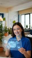 Smiling young Caucasian businesswoman in blue shirt holding transparent tablet displaying 24/7 service icons in modern office with plants and natural light.