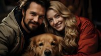 Happy young Caucasian couple with golden retriever dog posing for cozy winter portrait. Woman in red jacket and bearded man in olive coat share tender moment.