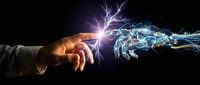 Human hand and robotic hand reaching toward each other with electric lightning spark on dark background, symbolizing AI technology connection.