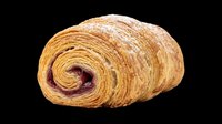 Freshly baked croissant with purple jam filling, isolated on transparent background. Ready for bakery designs, food packaging, menus, t-shirts, stickers, and print-on-demand products.