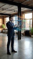 Male entrepreneur in formal business suit analyzing holographic data visualization with financial charts and graphs in modern loft office space for corporate technology and analytics concepts.