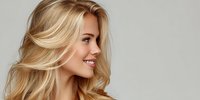 Young blonde woman with flowing wavy hair smiling in profile against neutral background for beauty and haircare advertising campaigns.