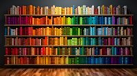 Colorful library bookshelf with rainbow organized books on wooden floor. Literary collection display for education, reading and knowledge concepts.