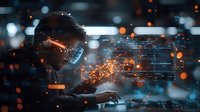 Young African American male programmer working at night with glowing digital interface and orange light particles, focused on futuristic holographic display.