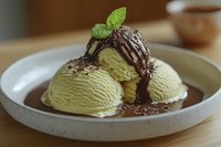 Pistachio ice cream scoops with chocolate sauce and mint garnish on white plate. Creamy frozen dessert for menu design and food photography projects.