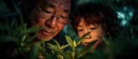 Grandfather and grandson exploring nature together with flashlight, bonding through outdoor adventure and discovery in lush green forest environment.