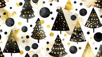 Festive black and gold Christmas trees with polka dots on white background create seamless pattern. Modern holiday design with watercolor texture and geometric shapes.