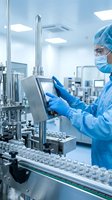 Laboratory technician in protective gear operating pharmaceutical manufacturing equipment with digital control panel in sterile production facility.