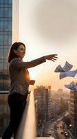 Professional businesswoman throwing papers from office balcony at sunset overlooking urban cityscape expressing freedom and stress relief.