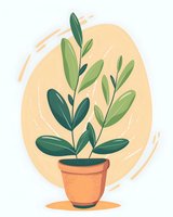 Green plant with elongated leaves growing in terracotta pot against peach background, featuring minimalist botanical illustration style with gentle textures and organic shapes.