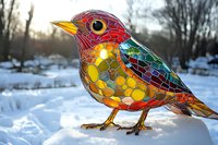Colorful stained glass bird figurine on snow with mosaic pattern in red, yellow and green tones against winter landscape background.