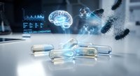 Futuristic medical capsules with holographic brain and DNA technology interface displaying digital health data and pharmaceutical innovation concepts.