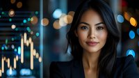Professional Asian businesswoman smiling confidently in modern office with city lights and financial charts in background for corporate presentations.