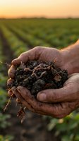 Farmer's hands holding rich dark soil with earthworms over green crop rows at golden sunset, symbolizing healthy earth and sustainable agriculture.